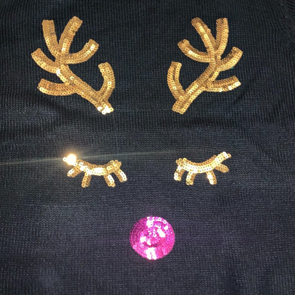 BRAND NEW Black Christmas Gold Pink Sequin Rudolph Reindeer Sweater - Picture 3 of 11